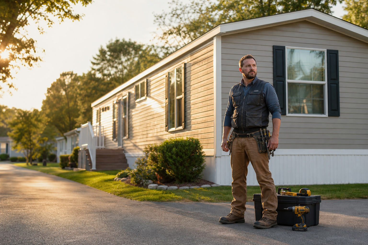 Contractor With Tools Ready For Mobile Home Project