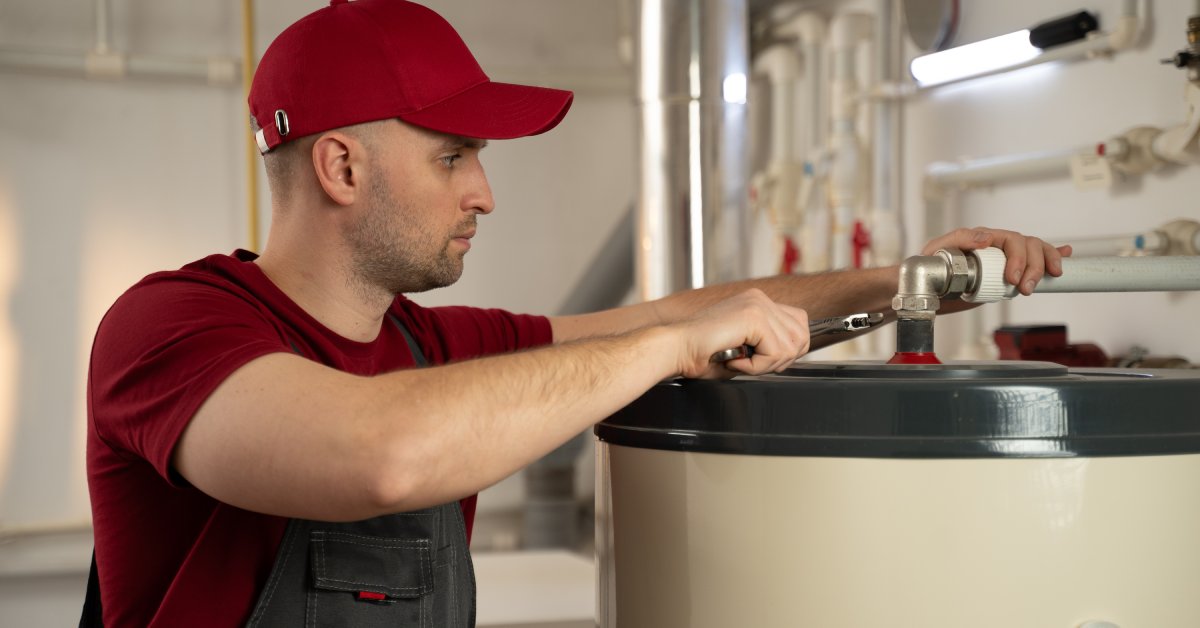 A man in a T-shirt, overalls, and a red cap holds a wrench in one hand and the pipe that’s connected to a water tank.